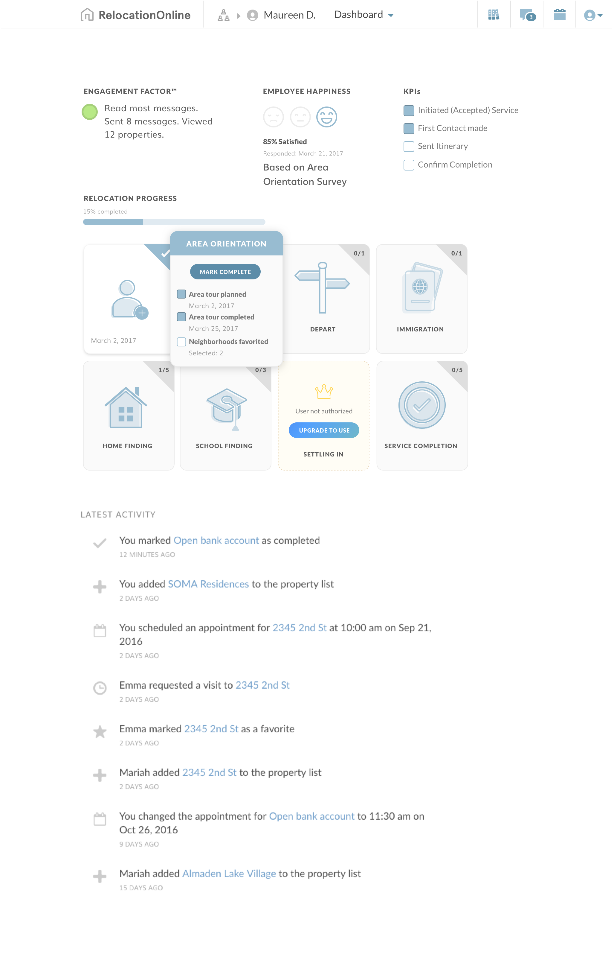 RelocationOnline dashboard landing page